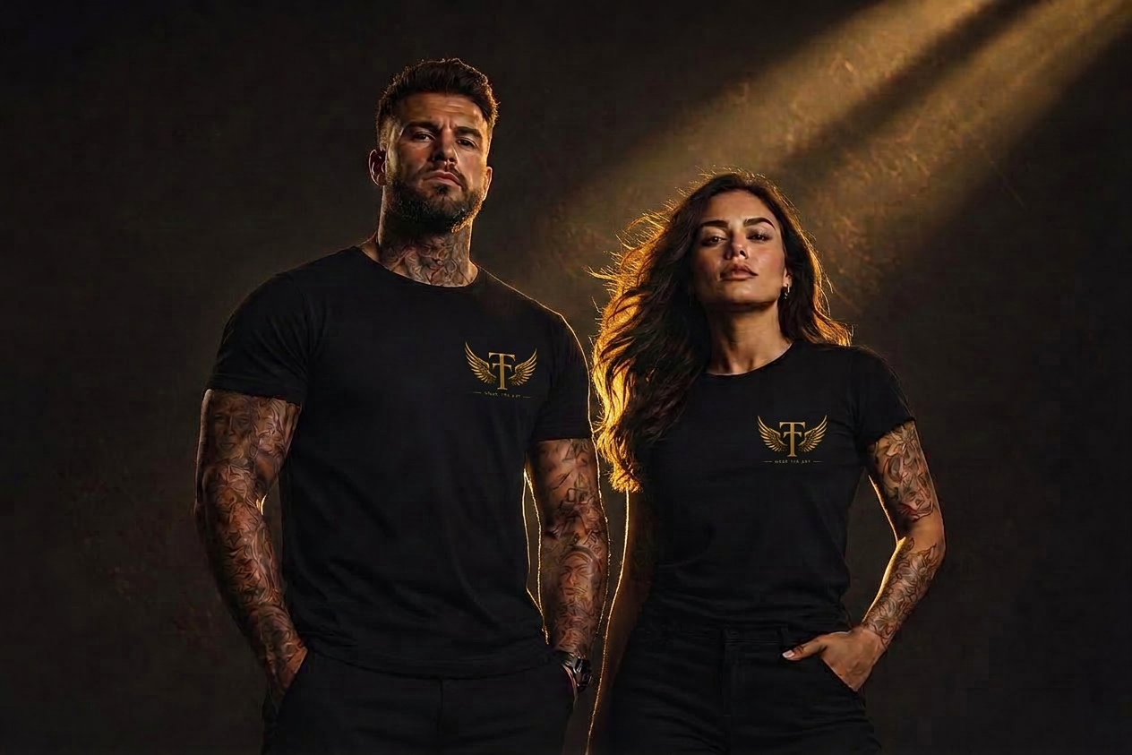 Models wearing artist-designed tattoo apparel